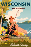 Wisconsin for fishing (В Висконсин на рыбалку), 1940s  Ad Midwest Airways