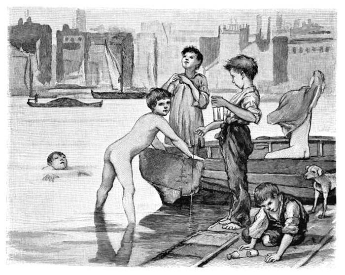 Boys from a poor neighborhood bathe in the River Thames (Мальчики из бедного района купаются в Темзе, Лондон), XIX 