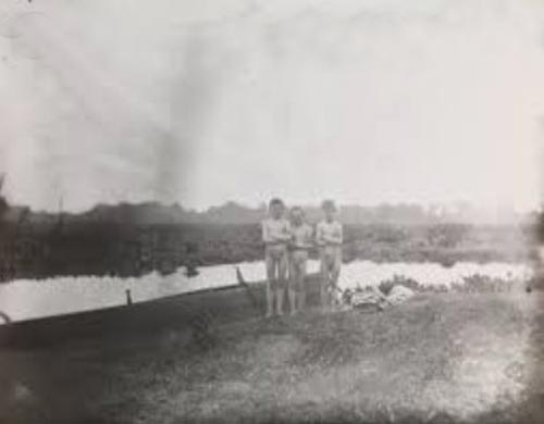 Three Crowell boys nude, near creek (Три обнаженных мальчика Кроуэллов у ручья), c.1883