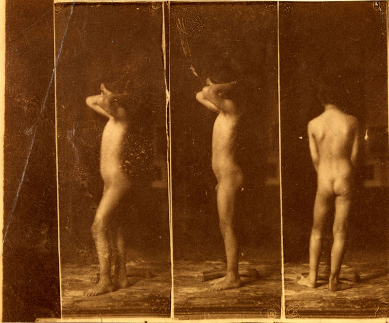 Naked series; three photographs of boy, poses 3, 1, 7 (Серия обнажённого, три фото мальчика, позы 1,3,7), c.1883