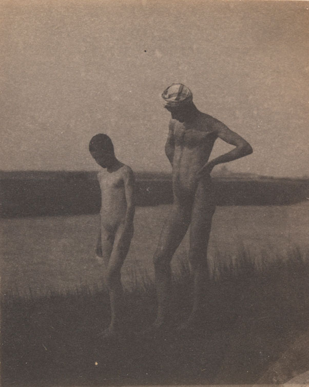 Male nude wearing head scarf, and boy nude, at edge of river (Нагой мужчина с  платком на голове, и нагой мальчик, у реки), c.1882