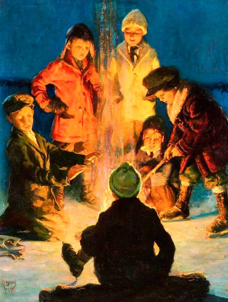 Children around a campfire at edge of frozen pond (Дети у костра на берегу замерзшего пруда), September 1931