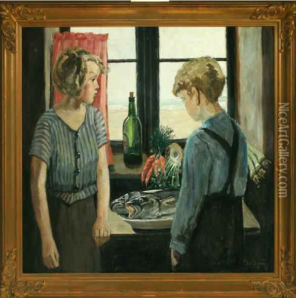 Interior with a boy and girl at the window (Интерьер с мальчиком и девочкой у окна)