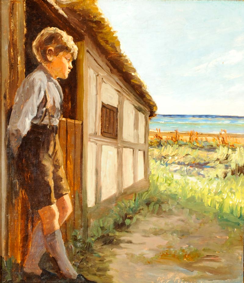 En dreng ved et stråtækt hus (Мальчик у дома с соломенной крышей)