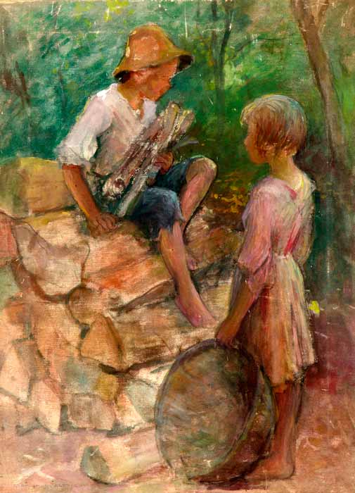 Boy and girl at woodpile (Мальчик и девочка у поленницы)