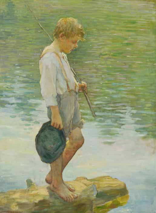 Boy standing with fishing pole (Мальчик, стоящий с удочкой)