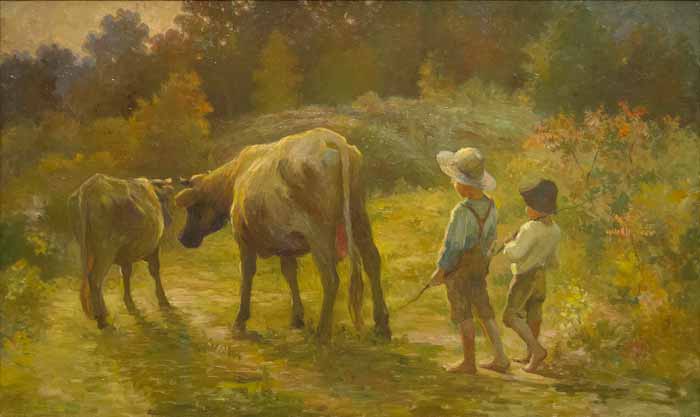 Two boys with cows 'comming home' (Два мальчика с коровами, возвращающимися домой)