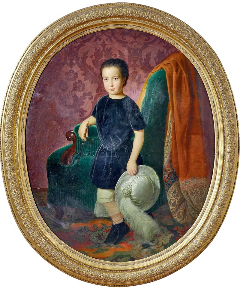Standing full-length figure of a boy leaning against an armchair with a riding crop and a feather hat in his hands (Фигура мальчика в полный рост, стоящего, прислонившегося к креслу, с хлыстом и шляпой с перьями в руках)