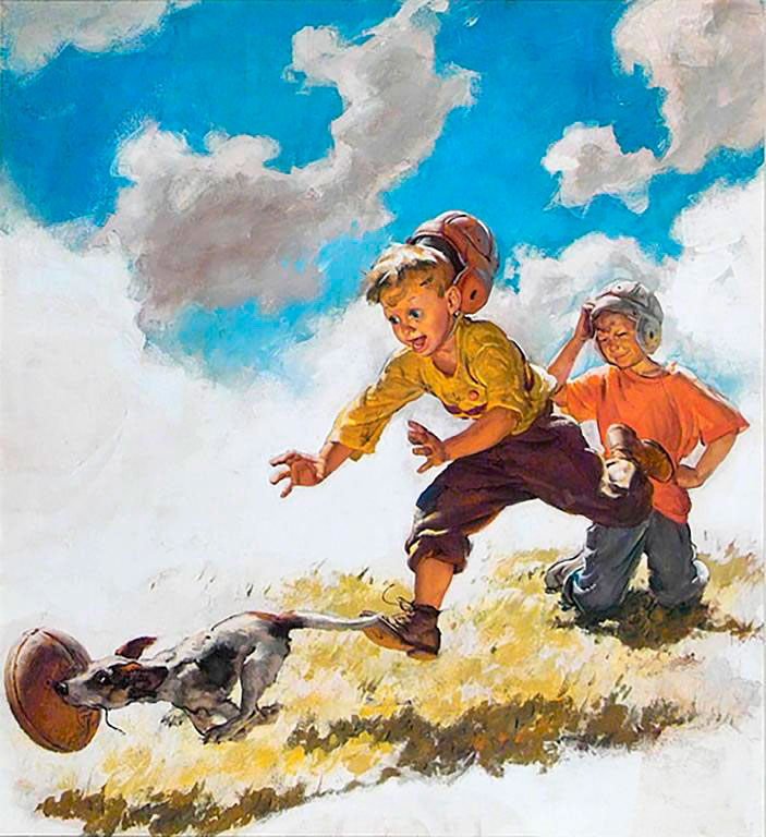 [Boys in football helmets running after a dog / Мальчики в футбольных шлемах, бегущие за собакой], 1938