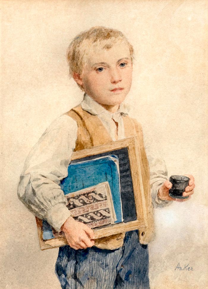 Boy with writing tablet and a glass of water (Мальчик с доской для письма и стаканом воды)