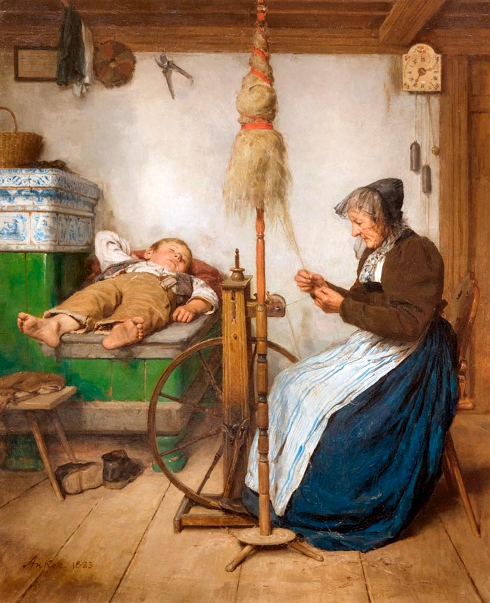 A Grandmother at a spinning wheel and a sleeping boy on an oven bench (Бабушка за прялкой и спящий мальчик на печной скамье), 1883