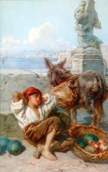 Italian lake Scene with Boy and Donkey resting in the Foreground (Итальянская сцена на озере с мальчиком и ослом, отдыхающими на переднем плане), 1883