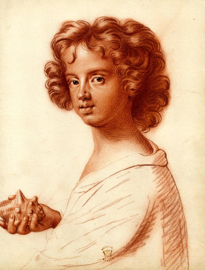 A boy with thick curling hair, holding a shell (Мальчик с густыми вьющимися волосами, держащий ракушку)