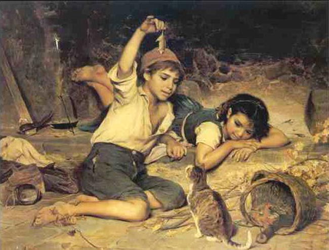 Children playing with a kitten (Дети, играющие с котёнком)