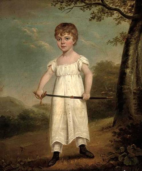 Portrait of a young boy, full-length, standing in a white gown, holding a sword, in a landscape (Портрет мальчика в полный рост, стоящего в белом одеянии с мечом в руке, на фоне пейзажа)