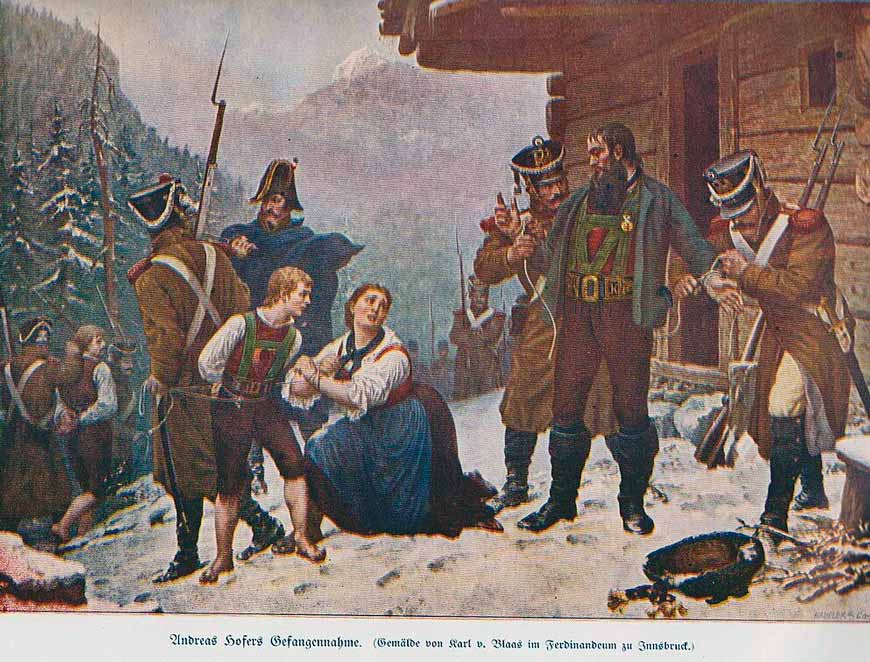 French soldiers capturing Andreas Hofer on January 28, 1810 on a Tyrolean alpine hut called Mähderhütte, located on the Pfandleralm opposite St. Martin in Passeier (Французские солдаты захватывают Андреаса Хофера 28 января 1810 года в тирольской альпийской хижине под названием Мэдерхютте, расположенной на Пфандлеральме напротив Сен-Мартен-ин-Пассайер)