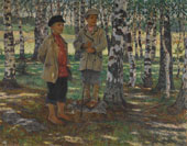 Boys in a birch forest