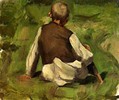 Back view of peasant boy sitting on the grass in a white shirt