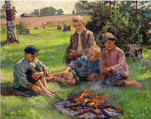 Maльчики у кocтpa (Boys by a campfire)