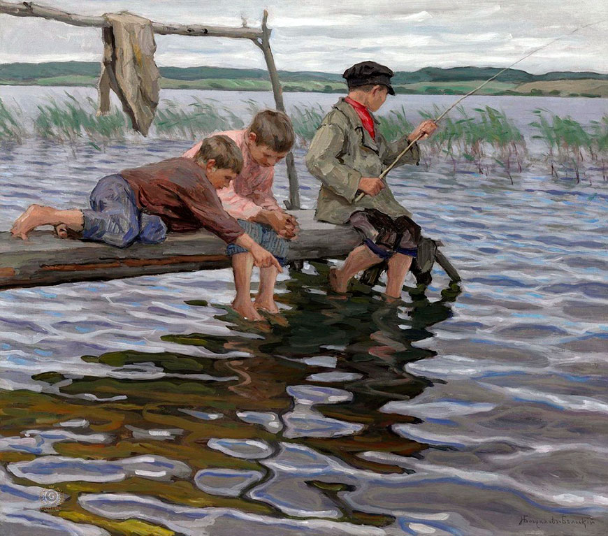 Рыбалка детей с мостков (Children fishing off a pier)