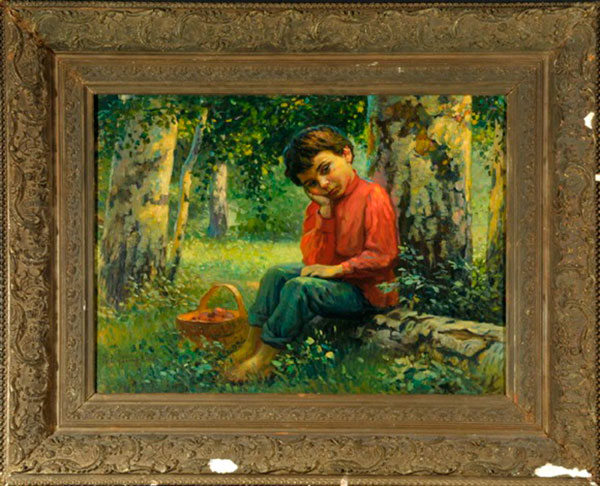 Отдыхающий мальчик, собиравший грибы в березняке (Resting boy picking mushrooms in the birch forest)