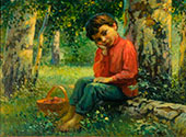 Resting boy picking mushrooms in the birch forest