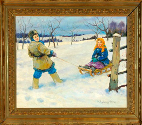 Дети с санями в снежной пейзаже (Children with sledge in snowy landscape)