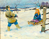 Children with sledge in snowy landscape