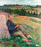 Boy resting in an extensive summer landscape