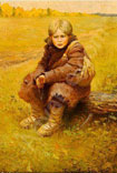 Young pilgrim resting on an autumn field