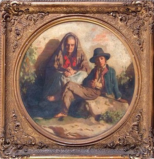 Portrait of a young boy seated on a rock eating bread and an old lady seated, wearing a shawl and holding worry beads (Портрет мальчика, сидящего на камне и поедающего хлеб, и пожилой женщины в шали, перебирающей в беспокойстве чётки)