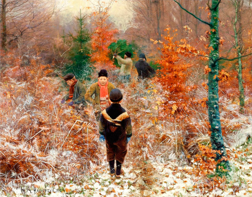 Cutting Christmas trees in the forest, in the foreground of boys playing in the snow (Рубка Рождественской ёлки, на переднем плане мальчики, играющие в снегу), 1885