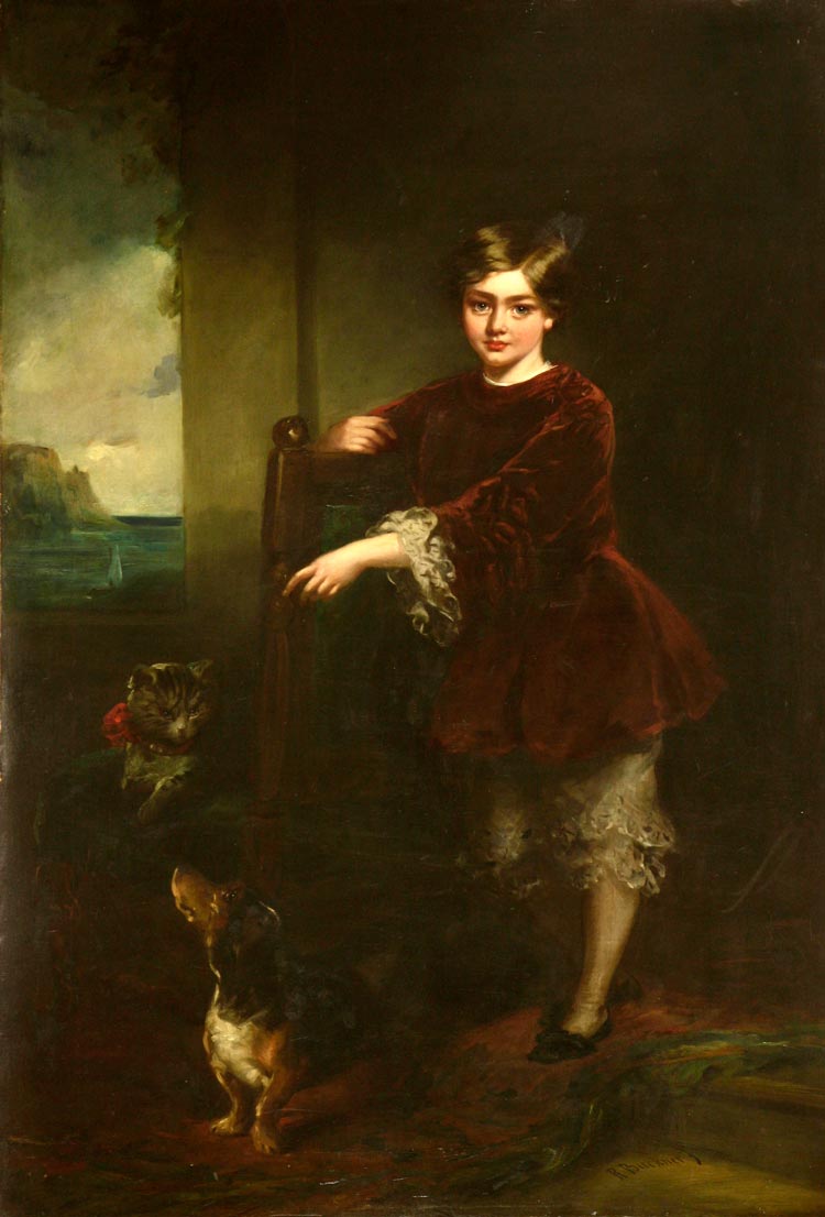 Portrait of a young boy, standing full length, pointing to a cat and a bassett hound (Портрет мальчика в полный рост, указывающего на кошку и бассет-хаунда)