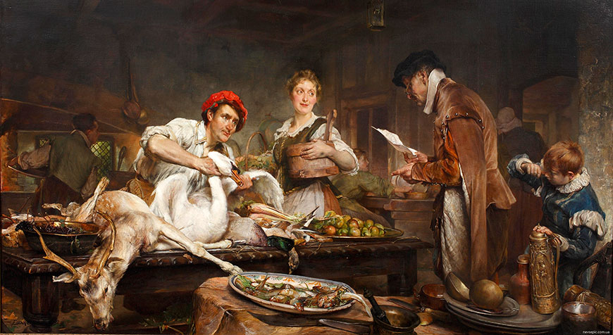 Figures preparing for an extravagant feast, with game, including swan, upon the table (Фигуры, готовящиеся к экстравагантному празднеству с игрой, включая лебедя на столе), 1892