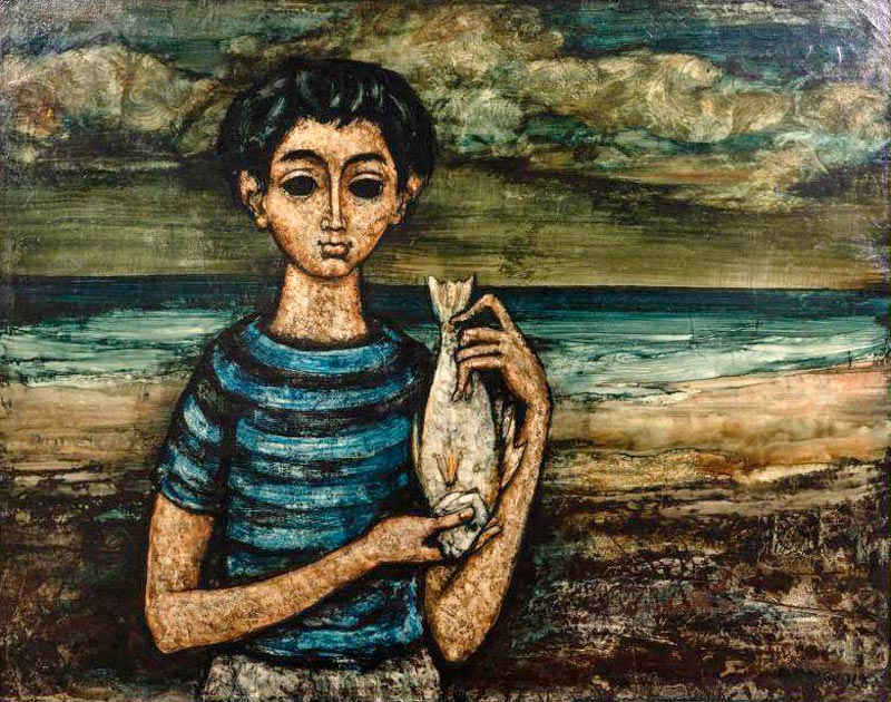 [a young boy in a seaside landscape holding a fish / мальчик на фоне морского пейзажа с рыбой в руках]