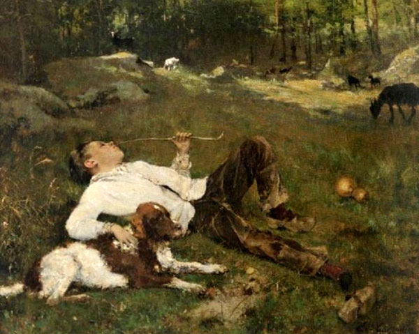 Jeune berger couché dans l'herbe en compagnie de son chien (Пастушок, лежащий на траве со своей собакой)