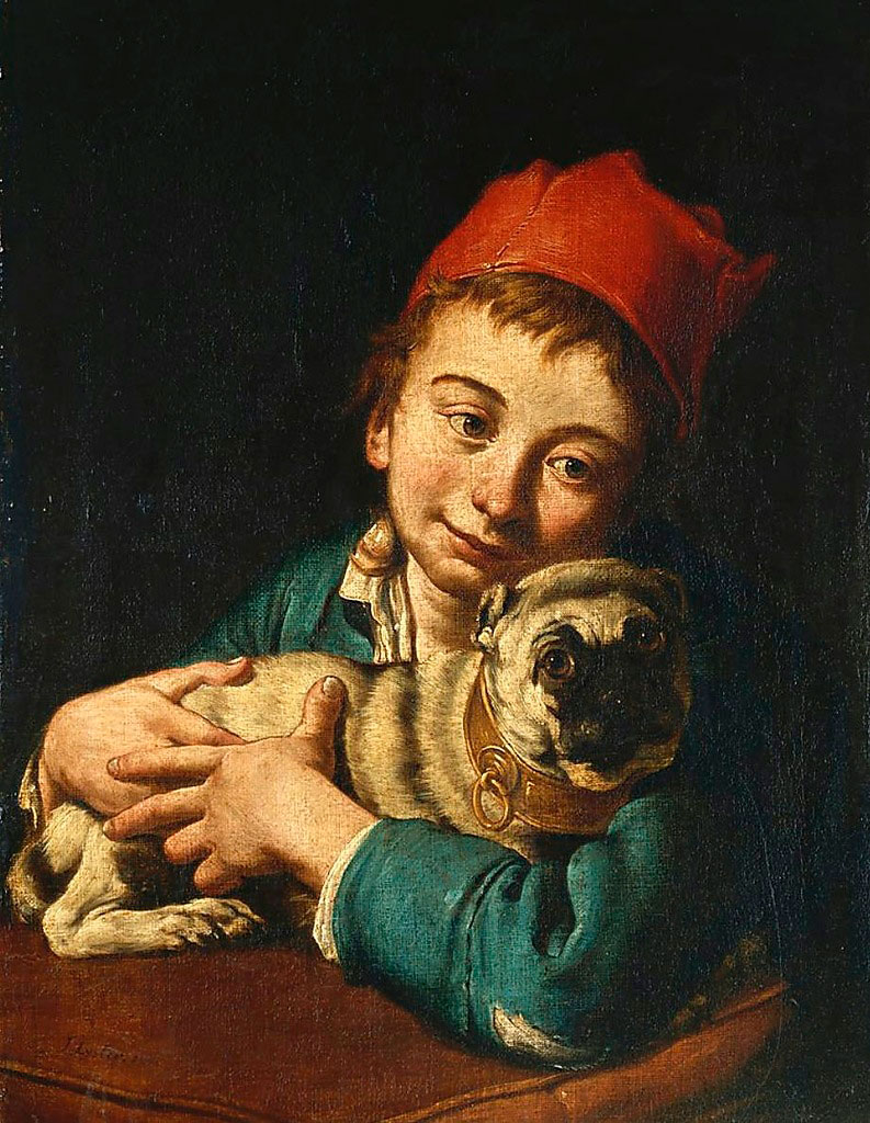 A boy in a blue jacket and a red hat, holding a pug on a cushion (Мальчик в синем жакете и красной шапке, удерживающий мопса на подушке)