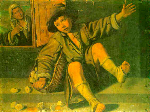 A young boy seated on a step with a basket of eggs, a woman looking through a window beyond (Мальчик, усевшийся на ступени с корзино яиц, и женщина, наблюдающая из окна позади)