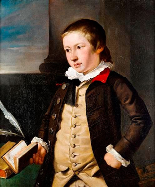 Portrait of a boy in a brown coat and buff waistcoat, holding a book beside a writing desk / Master Pelham? (Портрет мальчика в коричневом пальто и жилете из буйволиной кожи, держащего книгу и стоящего у письменного стола / Господин Пэлхэм?)