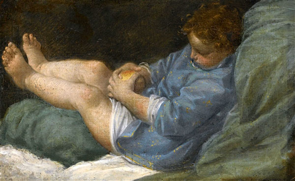 A sleeping boy holding an apple (Спящий мальчик, держащий яблоко)