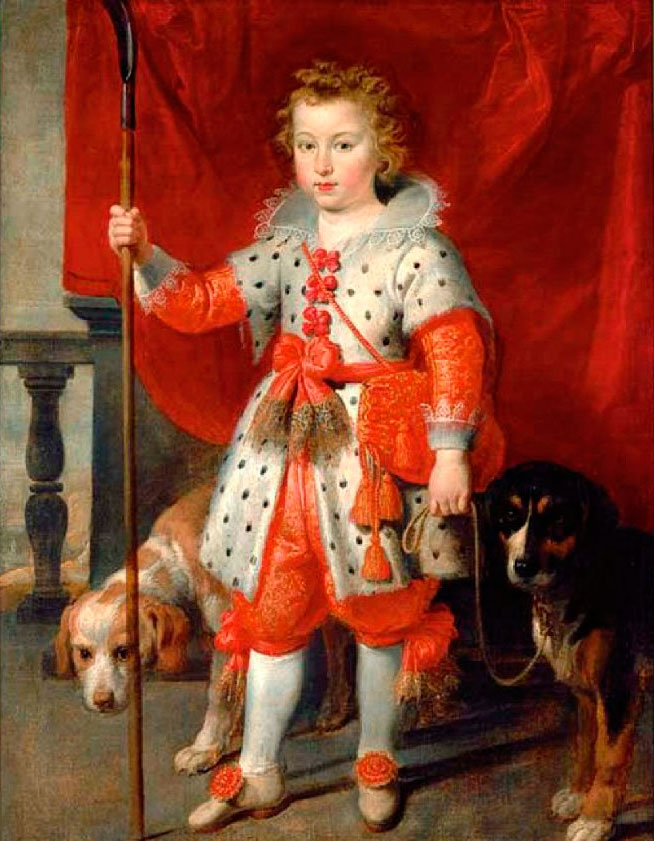 Portrait of a boy, traditionally called François de Boisschot, Comte d'Erps, full-length, in an ermine coat with red bows and red hose, on a balcony before a red curtain, with two dogs (Портрет мальчика (Франсуа де Буассо), графа д'Эрпс, в полный рост, в камзоле из горностая с красными бантами и красными рукавами, на балконе перед красной занавеской, с двумя собаками)