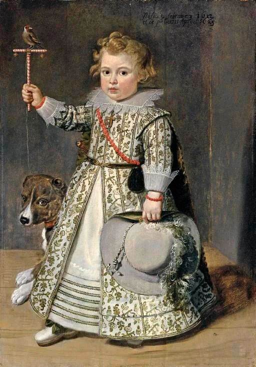 Portrait of boy aged two, full-length, in a white embroidered dress decorated with acorns, holding a perch with a finch in his right hand, with a dog (Портрет мальчика двух лет, в полный рост, в белом расшитом платье, разрисованном желудями, в правой руке держащего насест с вьюрком, с собакой)