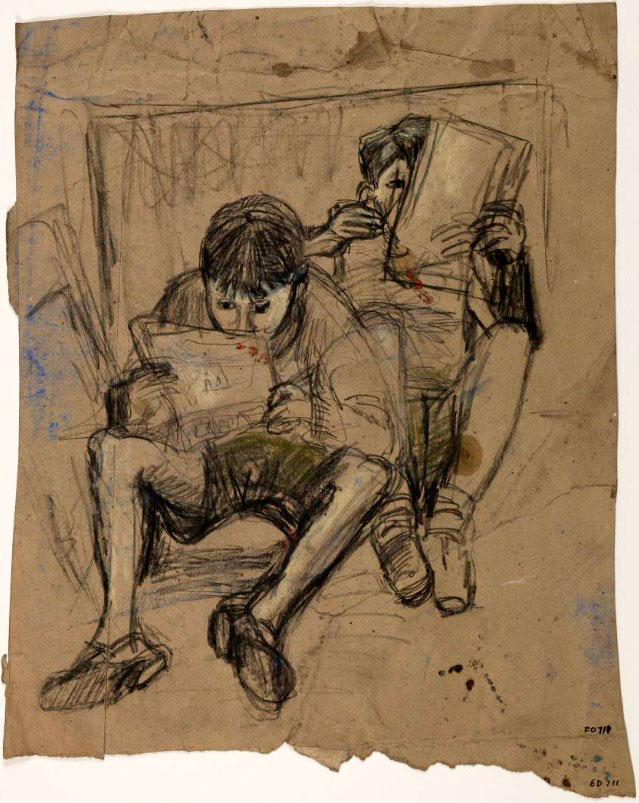 Two children seated on the ground, reading comics (Два ребёнка, сидящих на земле и читающих комиксы)