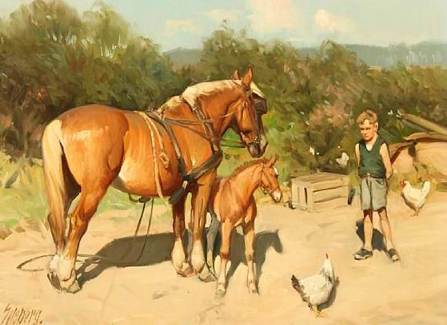 A boy watching a horse with her foal (Мальчик наблюдает за лошадью с жеребенком)