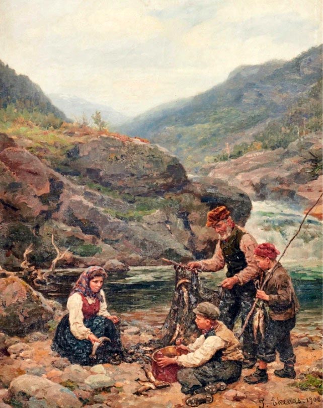 A family fishing in a Norwegian landscape (Семья, рыбачущая в норвежском пейзаже), 1906