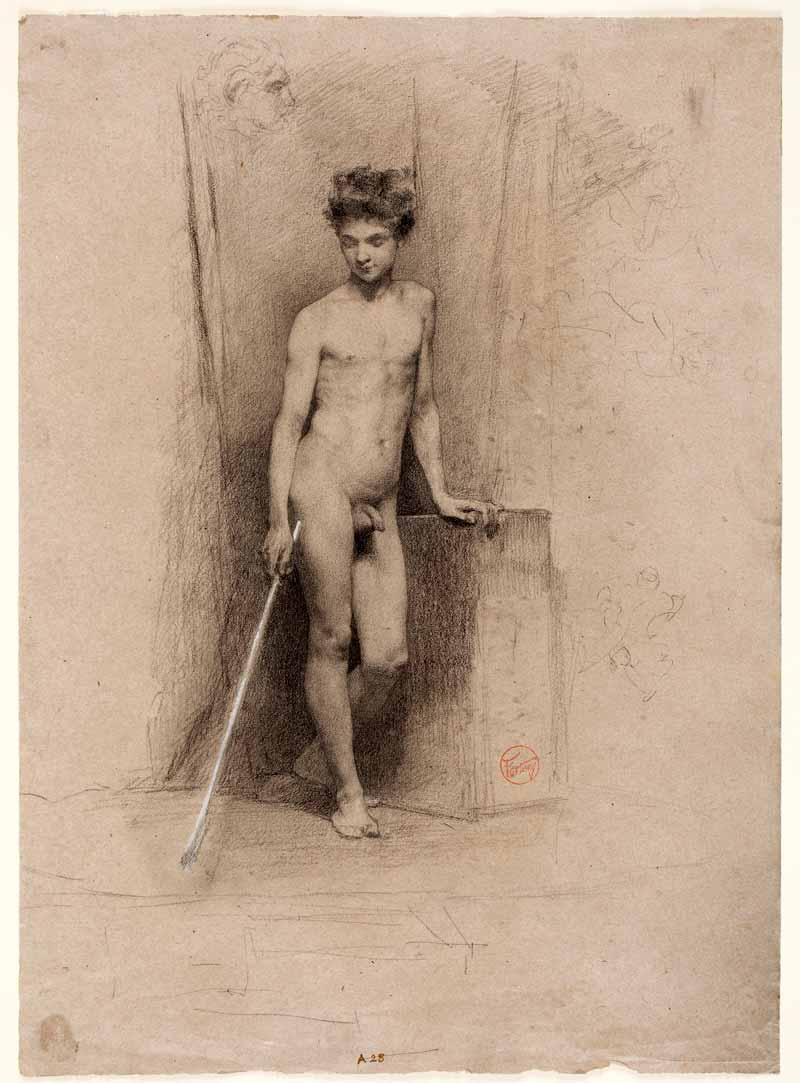 Standing male nude facing front, with left hand leaning on a stone block (Стоящий передом обнажённый мужчина с левой рукой, опирающейся на каменный блок)