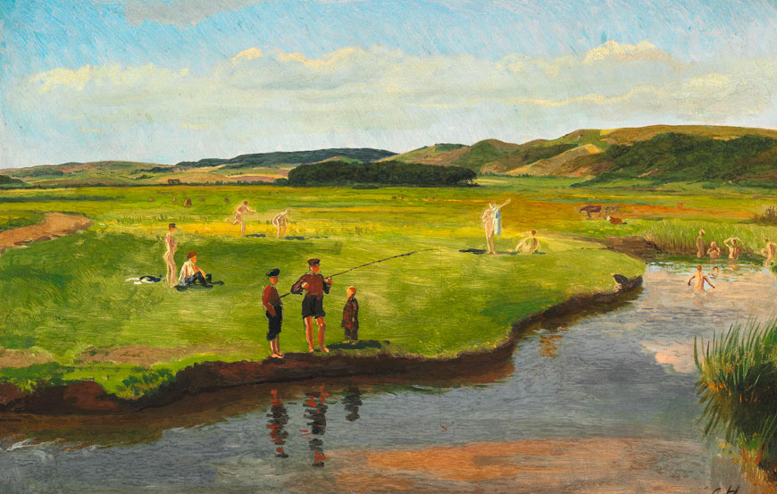 Landscape from Vejle. In the foreground a stream, where some boys are fishing and others are bathing (Пейзаж в Вайле. На переднем плане - ручей, в котором некоторые мальчики ловят рыбу, а другие купаются), 1853