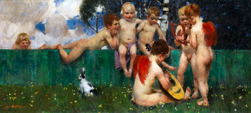 Frühling: Musizierende und mit Blüten spielende Putti (Весна: Путти создают музыку и играют с цветами), 1917