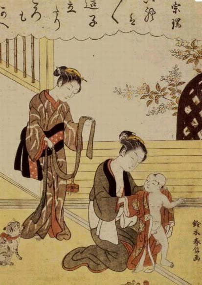 A mother dressing her young son in a kimono (Мать, одевающая сына в кимоно)