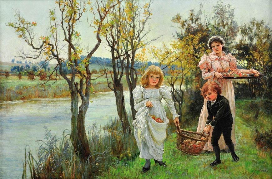 Family collecting autumn windfalls (Семья собирает осенние опавшие плоды)